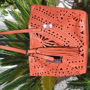 NWT -- 3AM FOREVER Orange Laser-Cut Tote Bag with Storage/Make-Up Bag